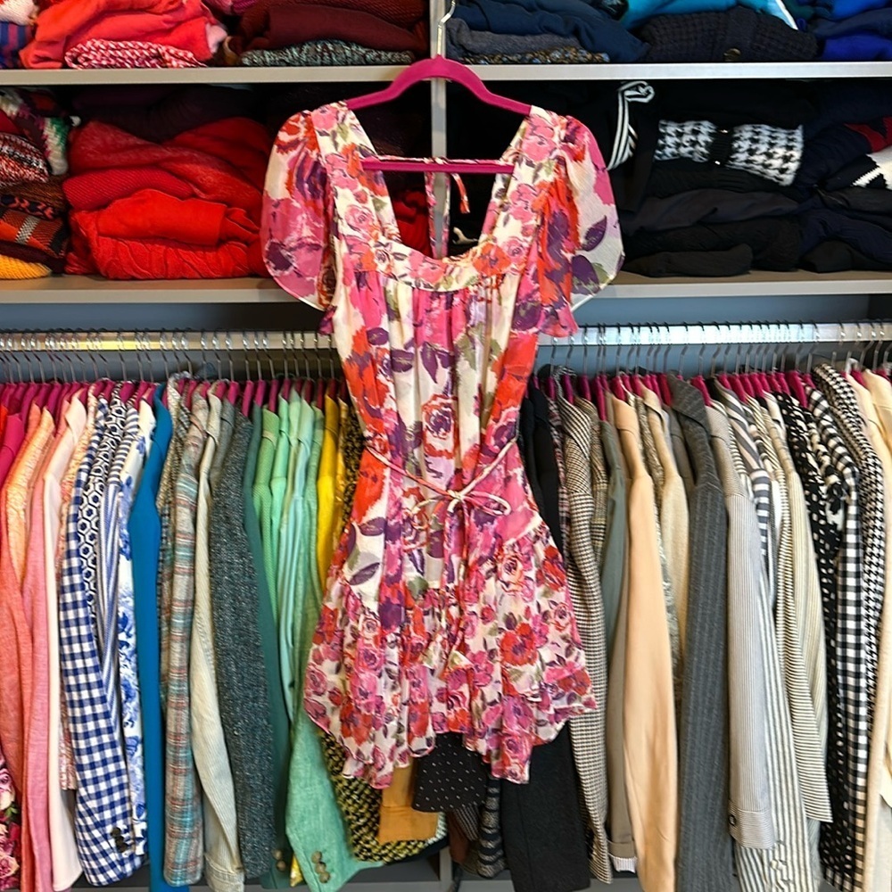 MISA white/red/pink/purple floral print short semi sheer sleeves dress size XS